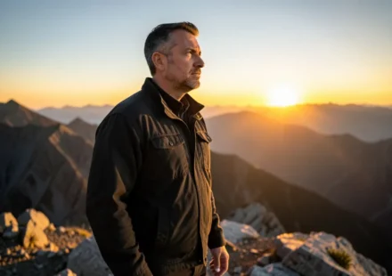 Homem em montanha ao nascer do sol, simbolizando a identidade do homem em Cristo.