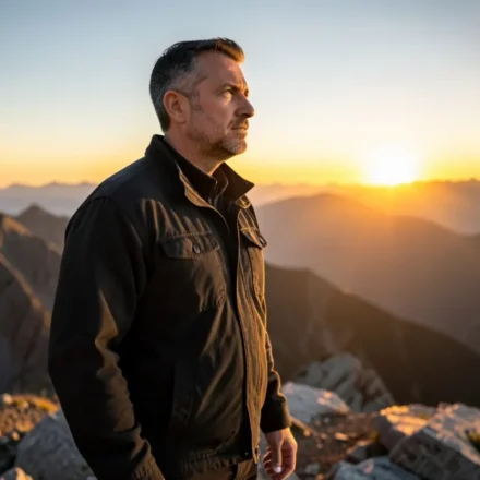 Homem em montanha ao nascer do sol, simbolizando a identidade do homem em Cristo.