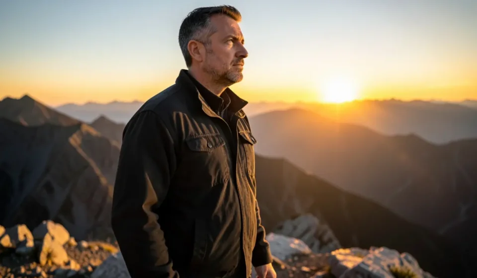 Homem em montanha ao nascer do sol, simbolizando a identidade do homem em Cristo.