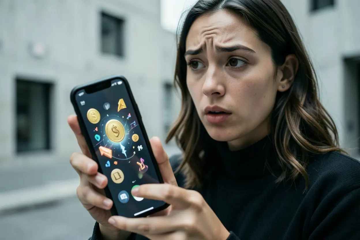 Pessoa olhando para um smartphone com reflexo de símbolos de poder e dinheiro, representando idolatria moderna.