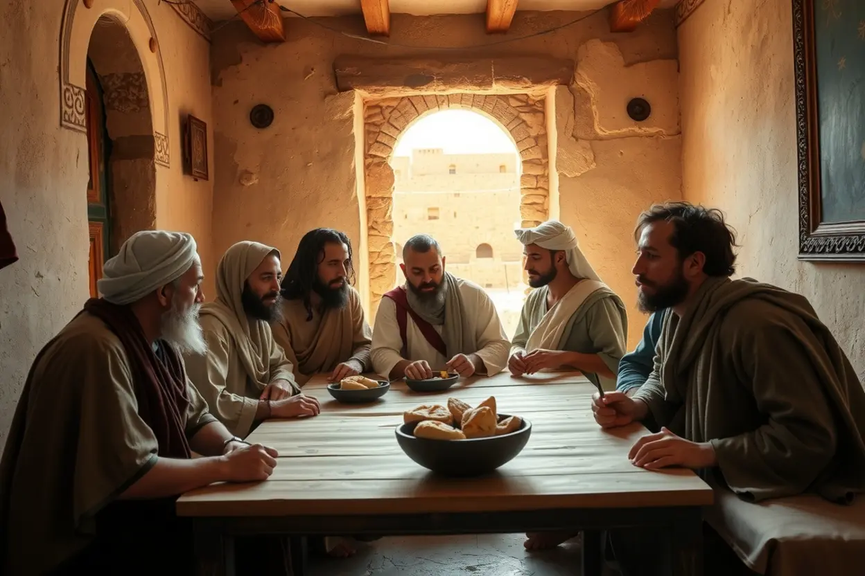 Cristãos primitivos reunidos em casa, comendo e orando