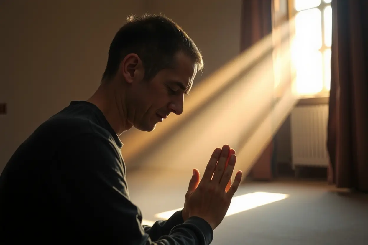 Impacto de Sofonias 1:14 na Vida Pessoa em oração em sala iluminada, simbolizando a resposta à Sofonias 1:14 explicação.