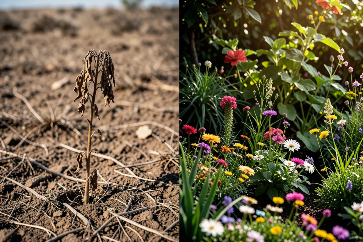 Paisagens contrastantes, seca e fértil, ilustrando ingratidão e fidelidade em Sofonias 2:3 reflexão.