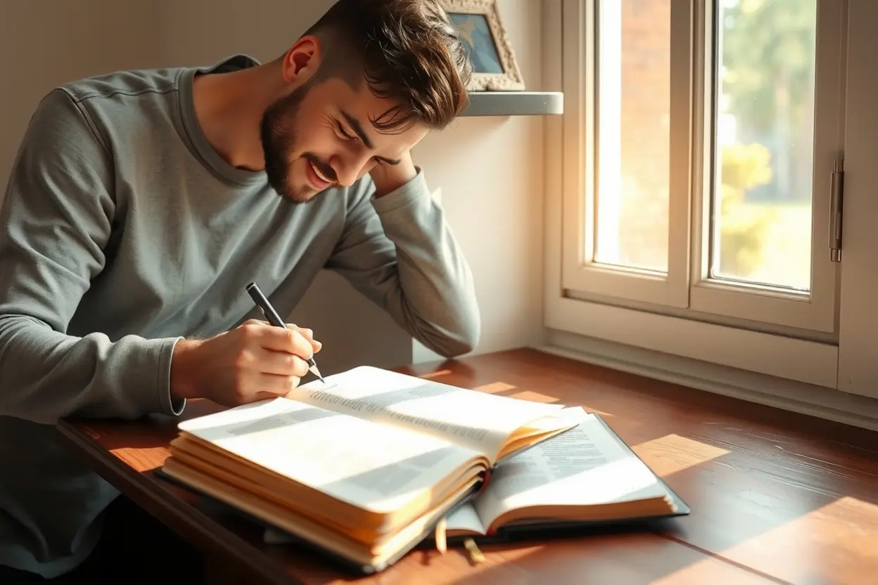 Pessoa escrevendo em diário com Bíblia aberta, inspirada pela gratidão