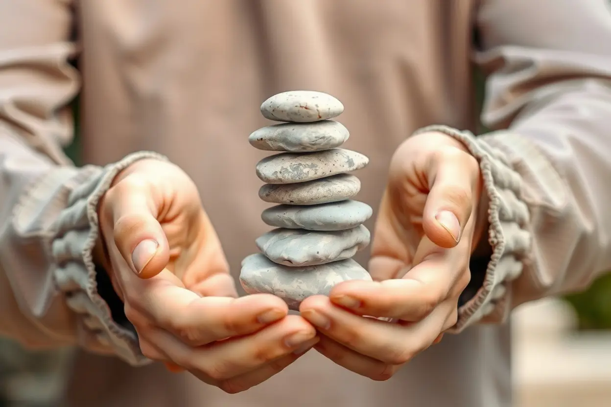 Mãos equilibrando pedras, simbolizando integridade