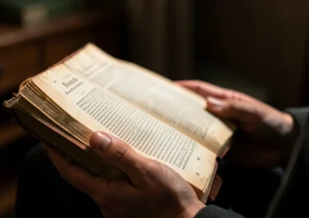 Mãos segurando a Bíblia aberta em Isaías 53:5.