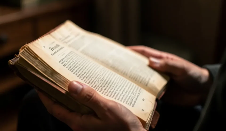 Mãos segurando a Bíblia aberta em Isaías 53:5.