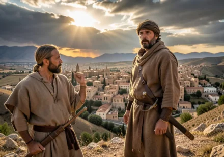 Guerreiro israelita contemplando a terra cananeia, simbolizando a falha em Juízes 1.