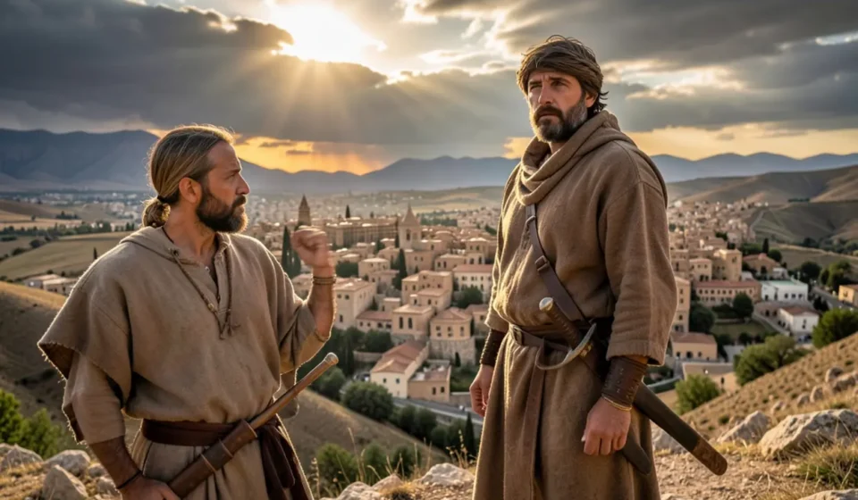 Por que Israel não expulsou os cananeus em Juízes 1? A verdade chocante! Guerreiro israelita contemplando a terra cananeia, simbolizando a falha em Juízes 1.