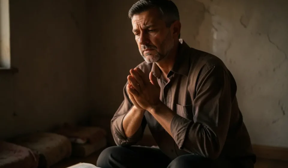 Homem cristão orando e jejuando.