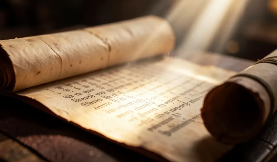 Antigo pergaminho iluminado, simbolizando a palavra de Deus e sua vigilância.