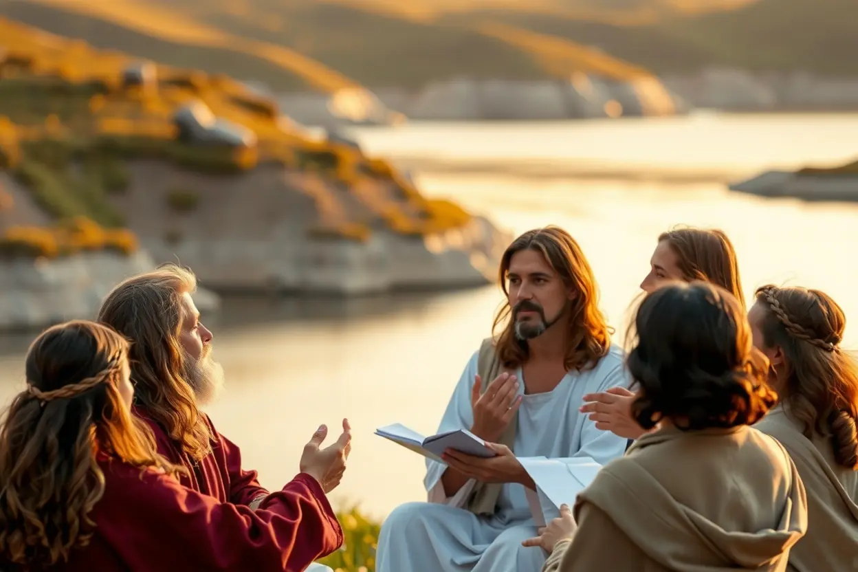 Jesus Ensinando o Reino de Deus Jesus Cristo ensinando seus discípulos ao ar livre sobre o Reino de Deus.