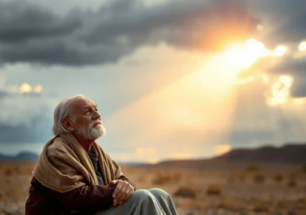 Jó 1:8: A Soberania Divina na Observação de Seu Servo Fiel Homem idoso em paisagem desolada olhando para a luz, simbolizando a observação divina em Jó 1:8.