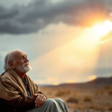 Homem idoso em paisagem desolada olhando para a luz, simbolizando a observação divina em Jó 1:8.