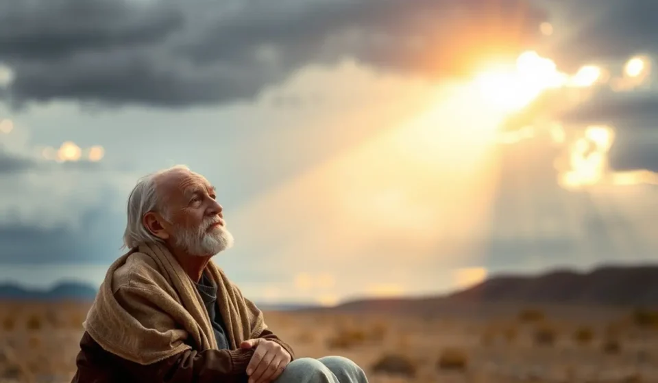 Homem idoso em paisagem desolada olhando para a luz, simbolizando a observação divina em Jó 1:8.