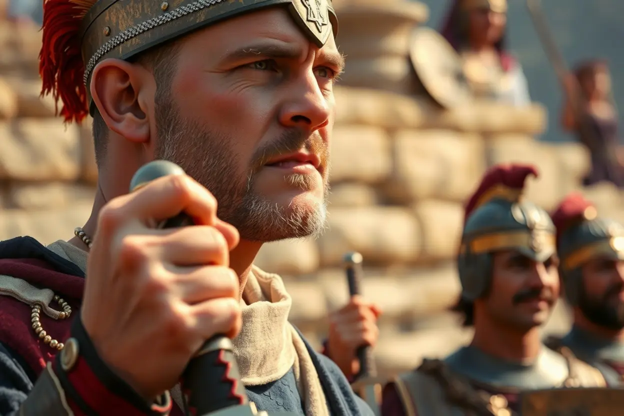 Joabe, comandante israelita, com expressão de determinação após a morte de Abner.