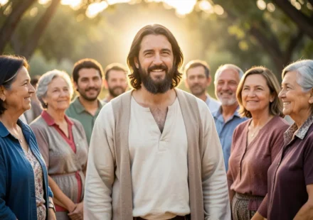 Jesus Cristo com pessoas, simbolizando Deus habitando entre nós.