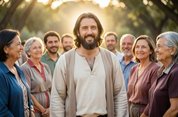 Jesus Cristo com pessoas, simbolizando Deus habitando entre nós.