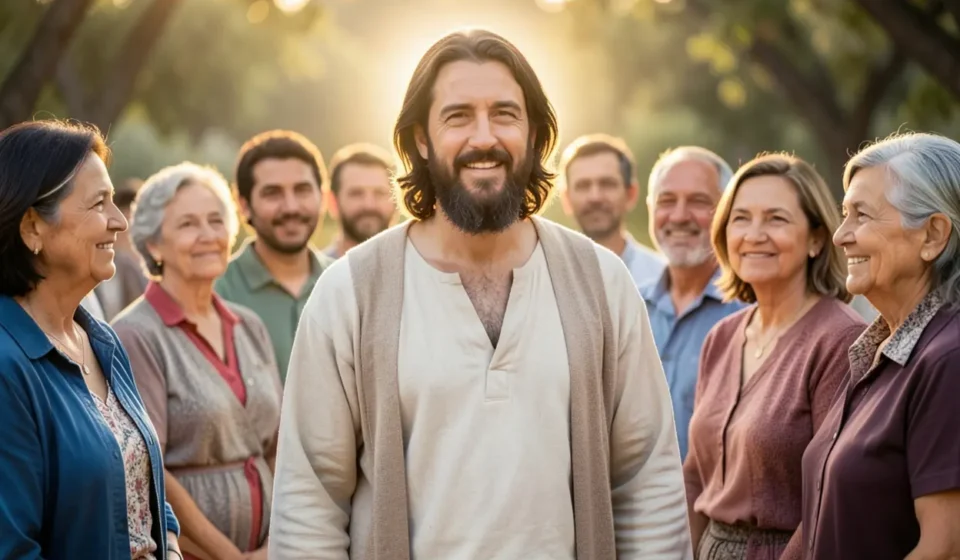 Jesus Cristo com pessoas, simbolizando Deus habitando entre nós.