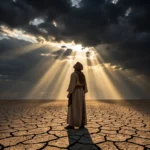 Homem em terra seca sob céu dramático, simbolizando Joel 1:15