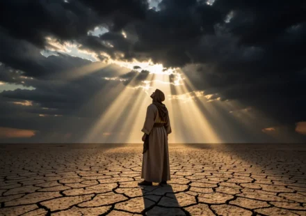 Joel 1:15: A Profundidade Bíblica do Dia do Senhor Revelada Homem em terra seca sob céu dramático, simbolizando Joel 1:15