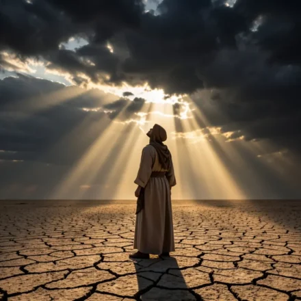 Homem em terra seca sob céu dramático, simbolizando Joel 1:15