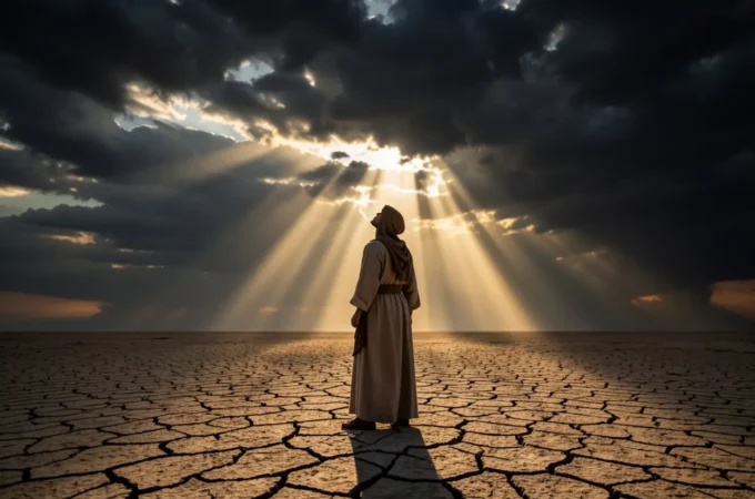Homem em terra seca sob céu dramático, simbolizando Joel 1:15