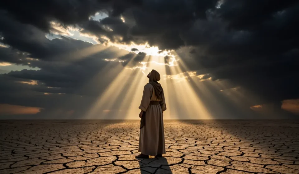 Homem em terra seca sob céu dramático, simbolizando Joel 1:15