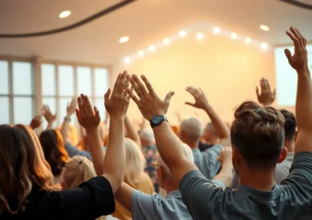 Pessoas diversas em adoração, recebendo o derramamento do Espírito.