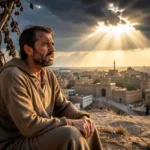 Homem frustrado sob planta, cidade ao fundo, simbolizando Jonas 4:2.