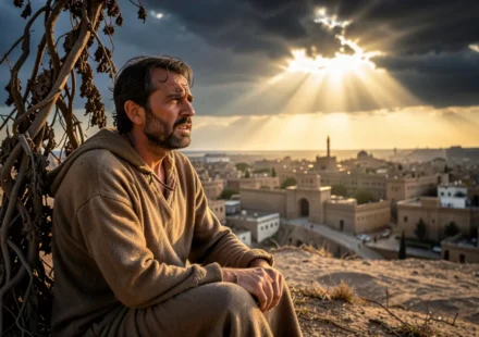 Homem frustrado sob planta, cidade ao fundo, simbolizando Jonas 4:2.