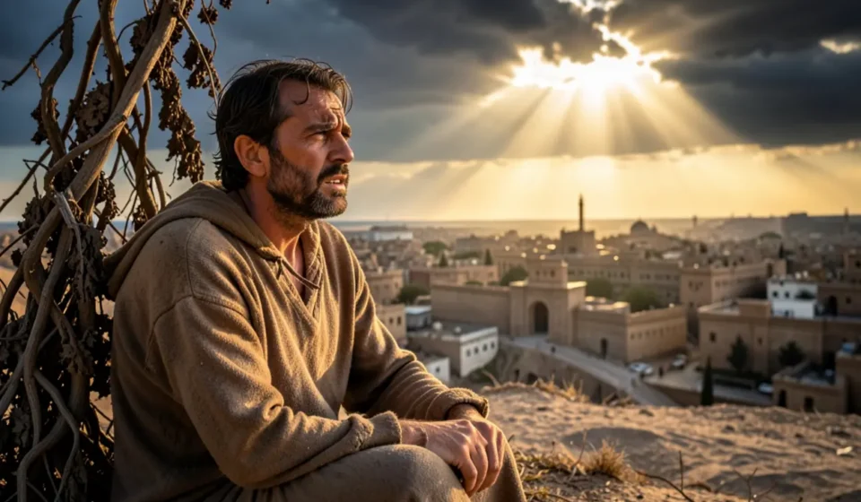 Homem frustrado sob planta, cidade ao fundo, simbolizando Jonas 4:2.