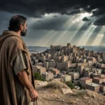 Profeta Jonas olhando para Nínive, simbolizando a urgência da mensagem de Jonas 3:4.