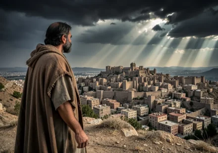 Profeta Jonas olhando para Nínive, simbolizando a urgência da mensagem de Jonas 3:4.