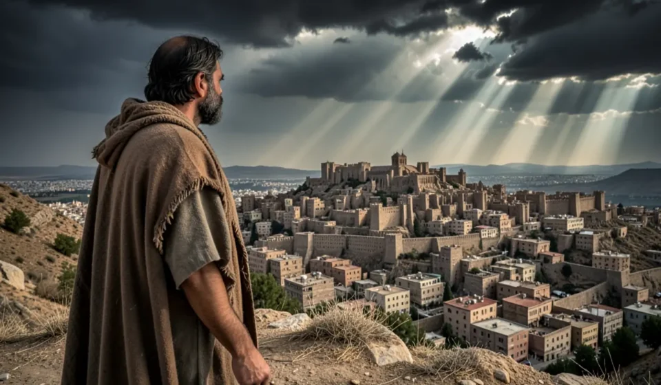 Profeta Jonas olhando para Nínive, simbolizando a urgência da mensagem de Jonas 3:4.