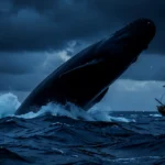 Grande peixe engolindo Jonas em mar revolto