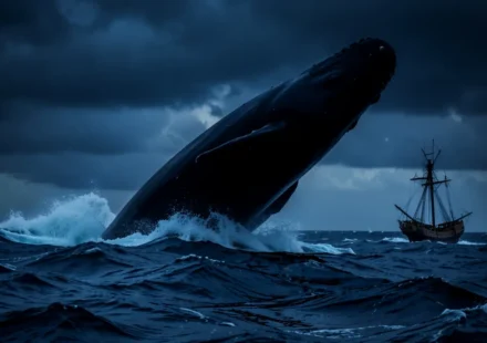 Grande peixe engolindo Jonas em mar revolto