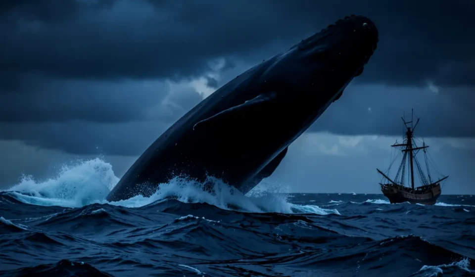 Grande peixe engolindo Jonas em mar revolto