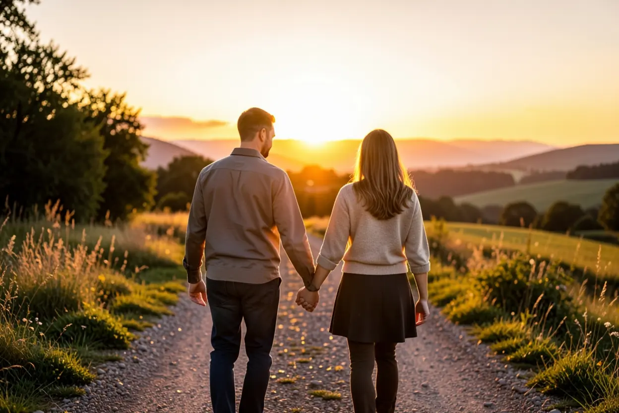 Casal cristão caminhando rumo ao nascer do sol, simbolizando a jornada de fé compartilhada
