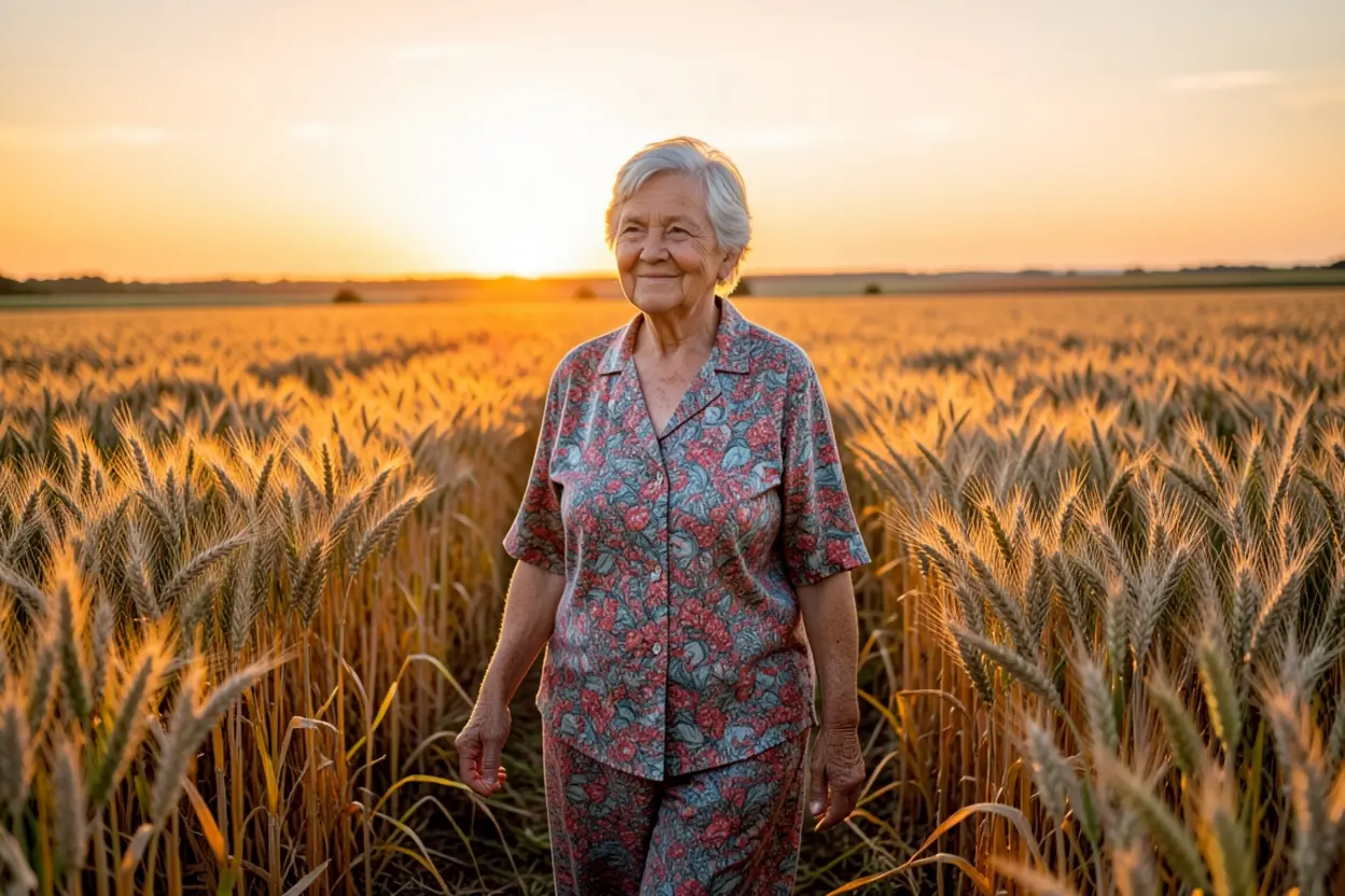 Mulher idosa feliz caminhando em campo, simbolizando a restauração.