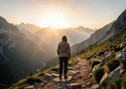 Homem em montanha com luz divina, simbolizando a promessa de Josué 1:5.