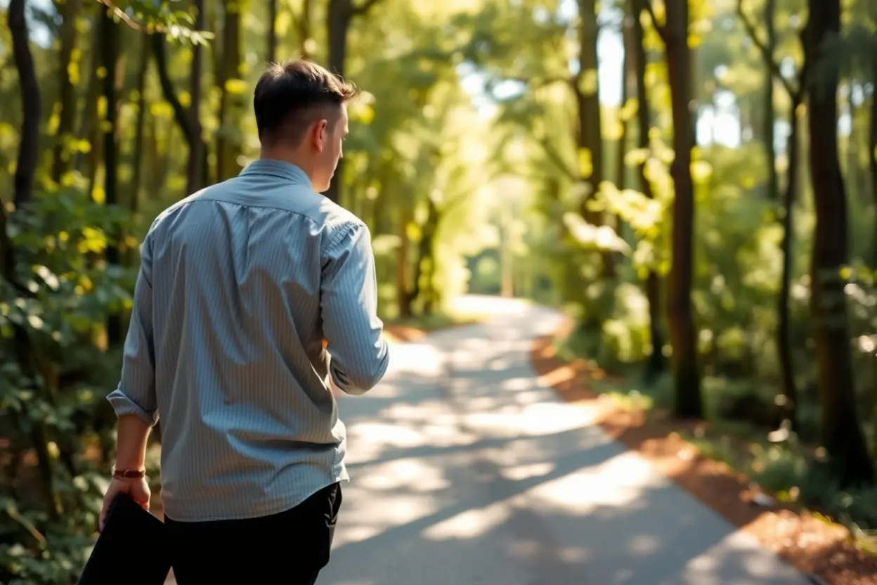 Pessoa caminhando e meditando na Lei de Deus, Josué 1:8.