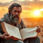 Um homem sábio, como Josué, meditando em um pergaminho antigo ao pôr do sol.