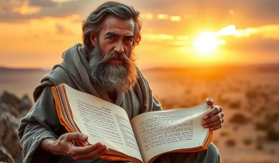 Um homem sábio, como Josué, meditando em um pergaminho antigo ao pôr do sol.