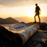 1 Crônicas 4:10 – A Oração de Jabez e o Segredo da Prosperidade Divina Pergaminho antigo com Josué 1:9 e silhueta de pessoa em montanha ao nascer do sol.