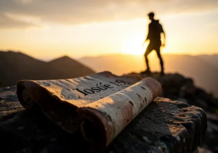 Pergaminho antigo com Josué 1:9 e silhueta de pessoa em montanha ao nascer do sol.