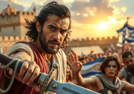 Josué liderando o povo de Israel com Jericó ao fundo.