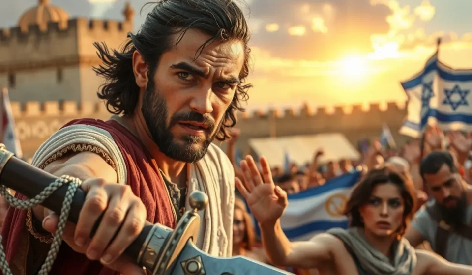 Josué liderando o povo de Israel com Jericó ao fundo.