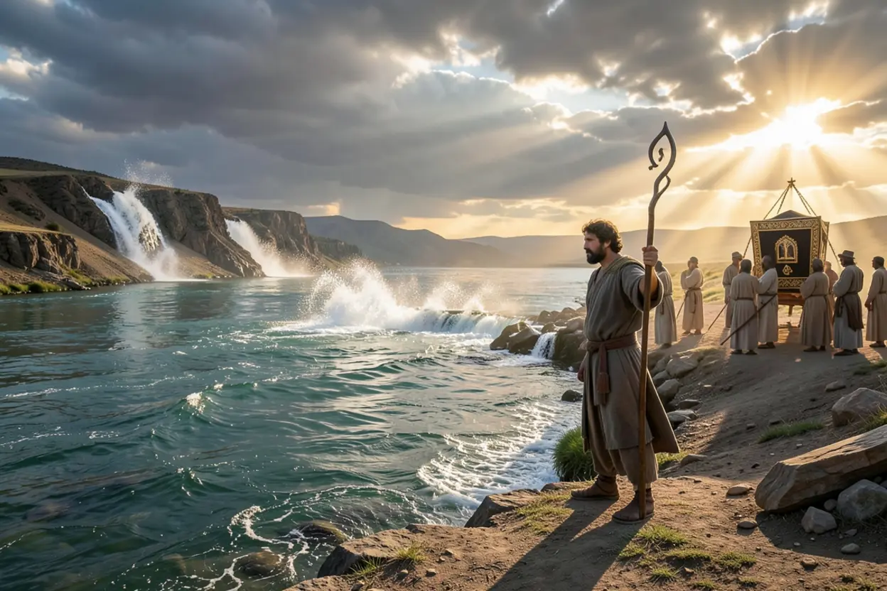Josué liderando o povo de Israel na travessia do Rio Jordão aberto pelo poder de Deus.