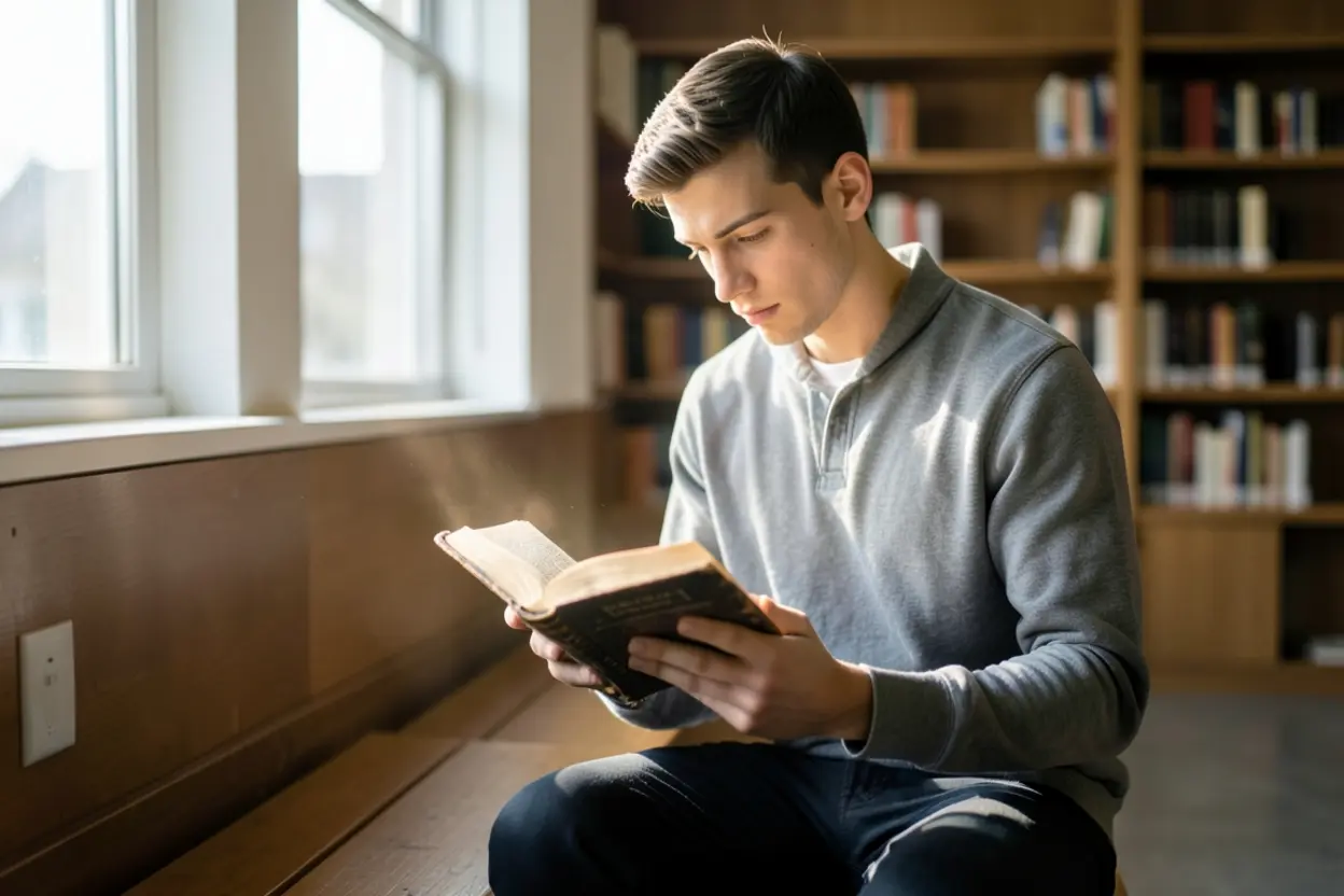 Jovem Estudando a Bíblia Jovem lendo a Bíblia em uma biblioteca, formando seu caráter cristão juvenil.